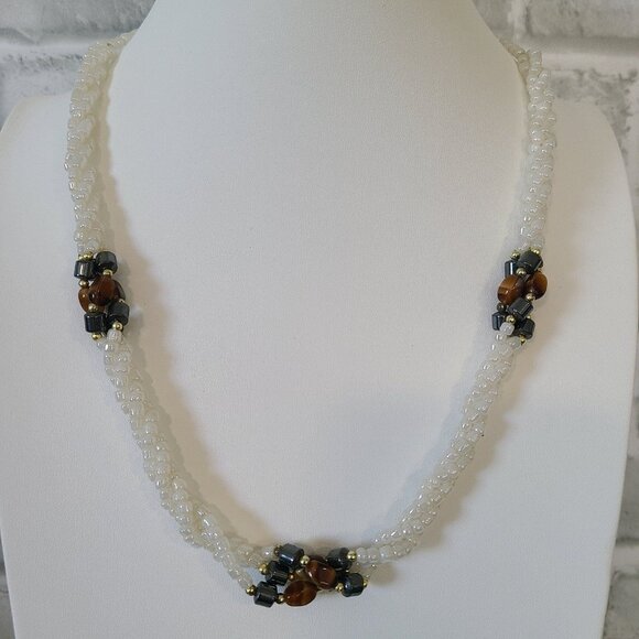 Beaded Necklace Hematite Stone white Irridescent Glass Beads Multi Strand Twist - Picture 1 of 7